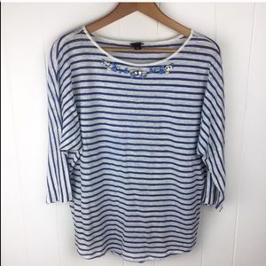 Ann Taylor Linen Blue Striped Jewel Neck Top